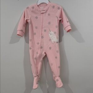 Pink fleece snowflake footie one piece
